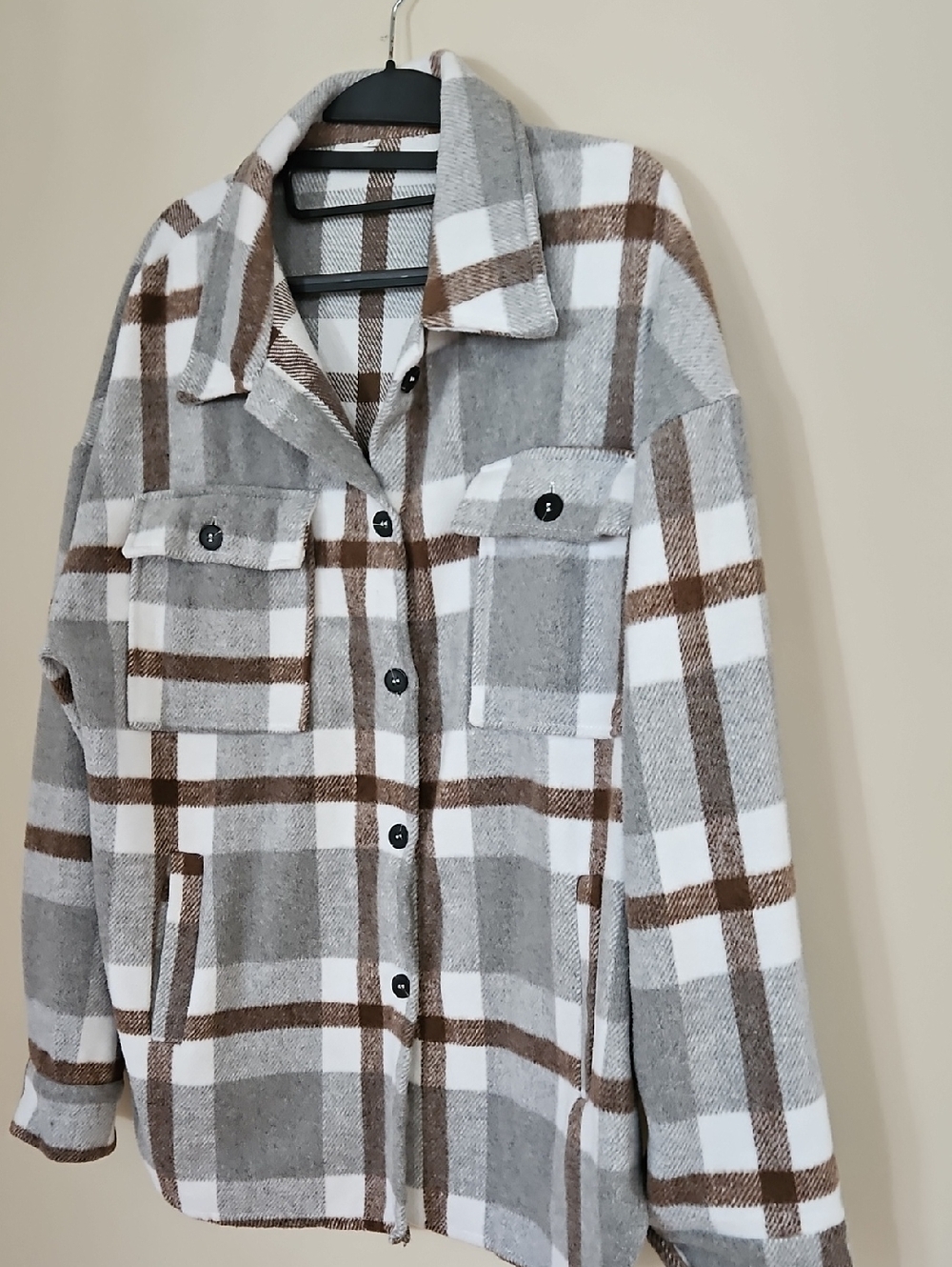 Plaid Utility Shacket Jacket in Gray, White & Brown - Women's Size Large
